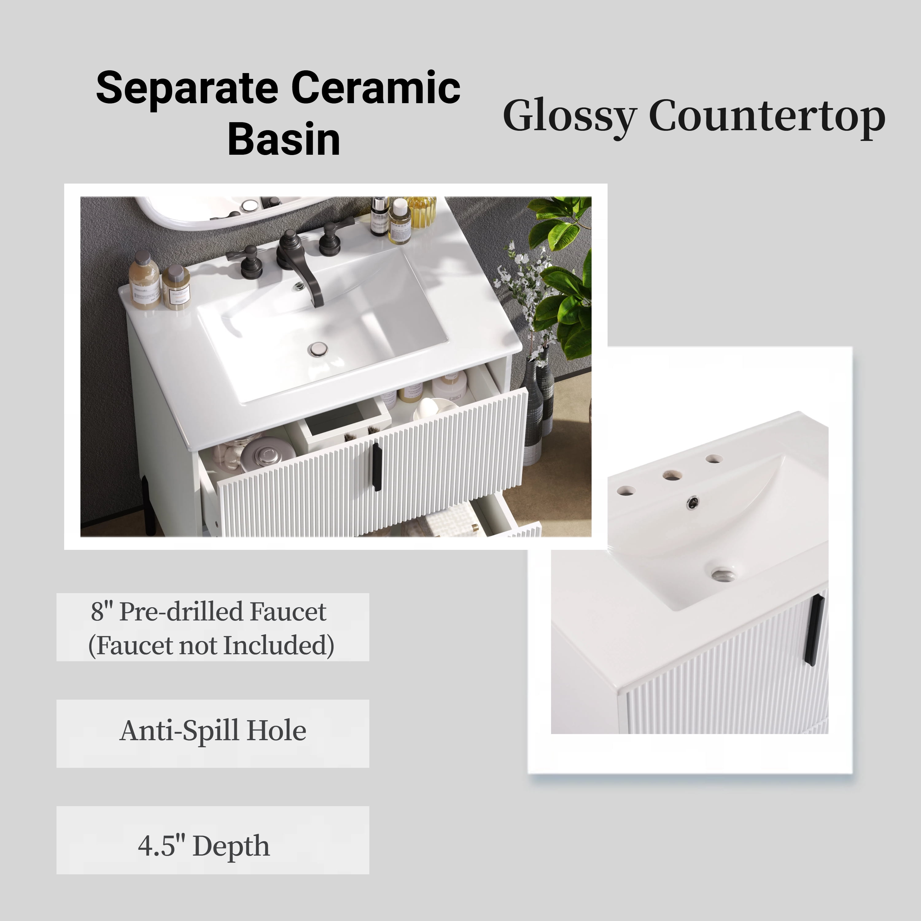30" Bathroom Vanity with Ceramic Sink and Full-Extension Drawers, Soft Close Undermount Drawer Slides, Fluted Design, White