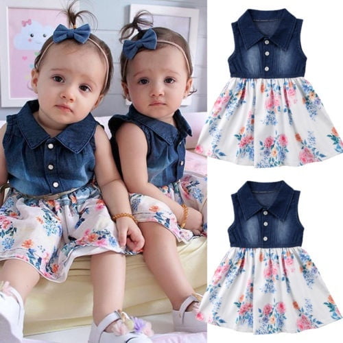 Toddler Baby Girls Denim Sleeveless Dress Kids Summer Casual Ruffle Jeans Dress