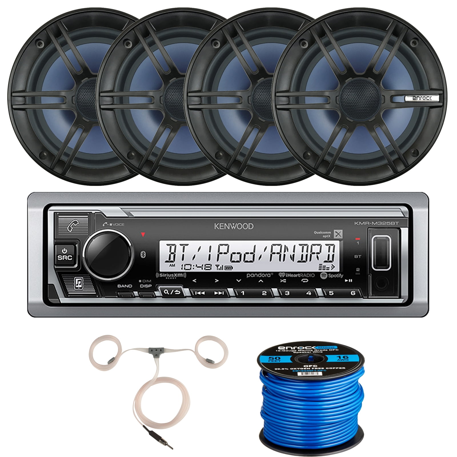 Kenwood KMRM325BT Marine SingleDIN Digital Media Bluetooth Receiver, 4 x Enrock 6.5" 2 Way