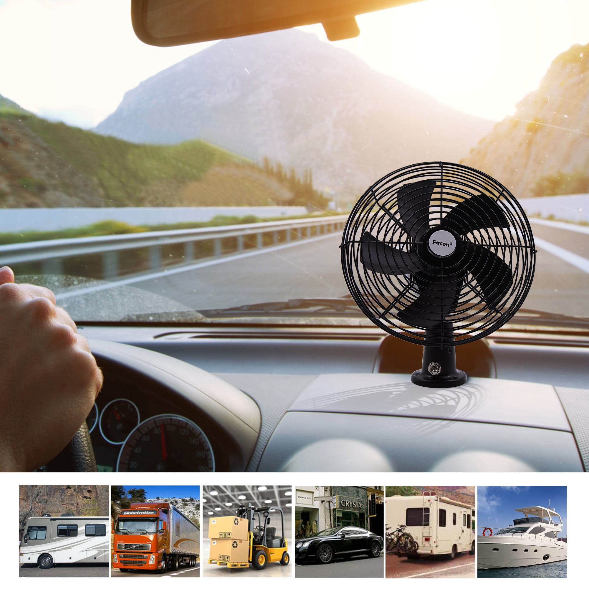 Facon 12V RV Cooling Fan with 2 Speed Switch, Dia: 8-3/4’’, Heavy Duty Black Metal Car Fan, for Auto Truck, RV, Camper, Trailer, Car, Buses and Boats ( Pack of 2 )