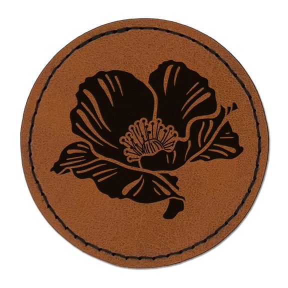 Pretty Poppy Flower 2.5" Faux Leather Round Engraved Iron-On Patch - Brown