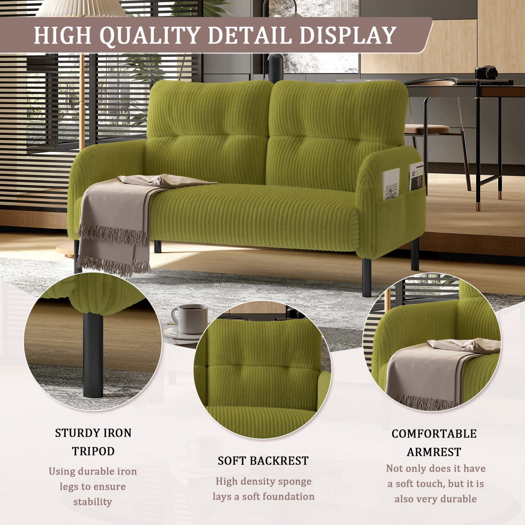 Corduroy Loveseat Sofa, Modern Upholstered Double Sofa Couch with Side Pockets for Living Room Bedroom Apartment, Olive Green