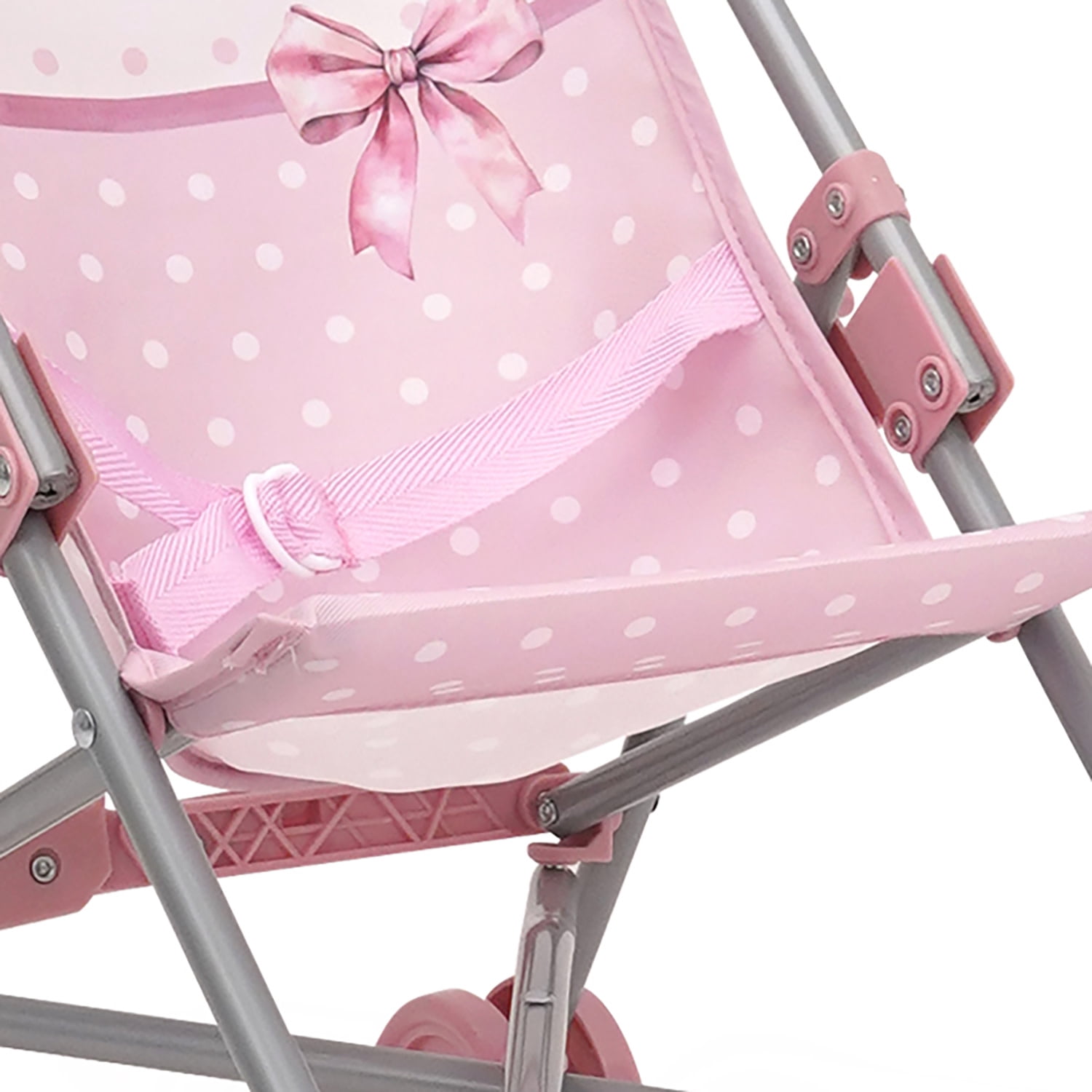 509 Crew: Bow Umbrella Doll Stroller - Pink & White, Push Buggy, Secure Safety Harness, Lightweight & Foldable, Roleplay Toy, Doll Accessory, Kids 3+