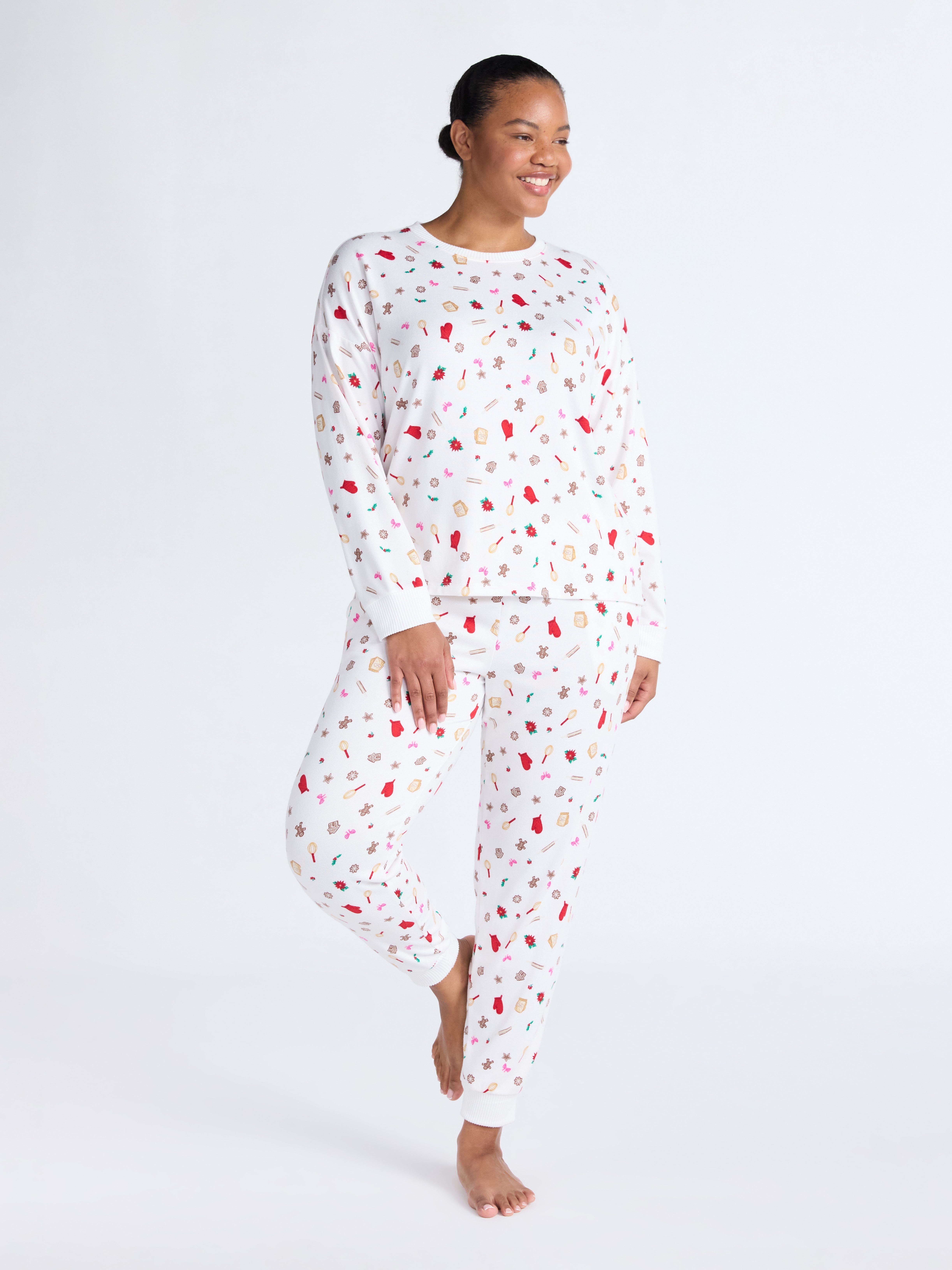 Joyspun Women's Cozy Lounge Collection Hacci Knit Long Sleeve Top and Joggers Pajama Set, Sizes XS-3X