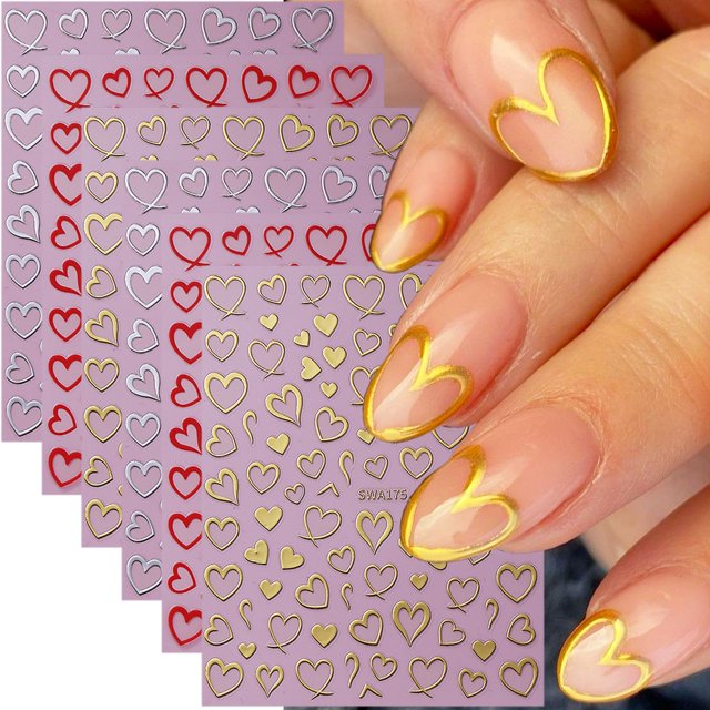 Adhesivos para uñas ZASKHLD, 6 hojas, con forma de corazón, autoadhesivos 3D