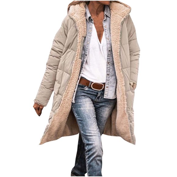 LMKIHUSA Womens Winter Long Jacket Casual Loose Fleece Lined Cotton Coats Long Sleeve Solid Color Outerwear Reversible Zipper Pockets Jackets 2025 Khaki,XXL