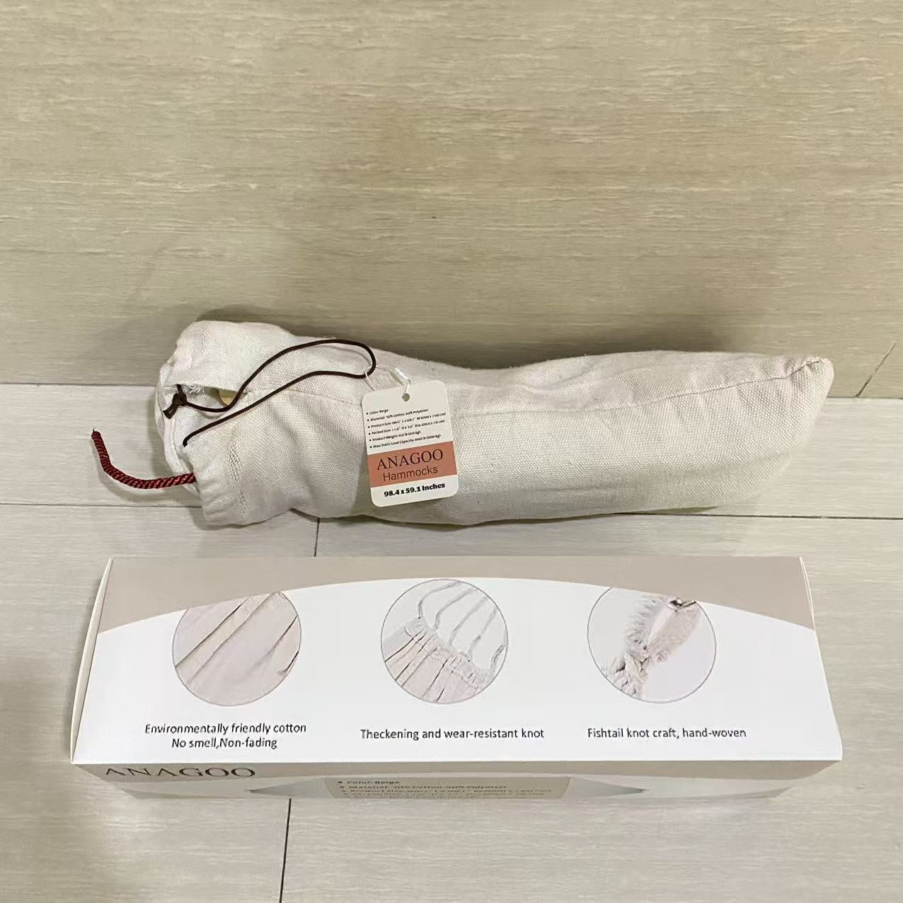 ANAGOO Hammocks,12ft Double Hammocks, Handwoven Traditional Cotton Rope Hammock with Hardwood Spreader Bar, Max 450 lbs Capacity (Beige, Full)