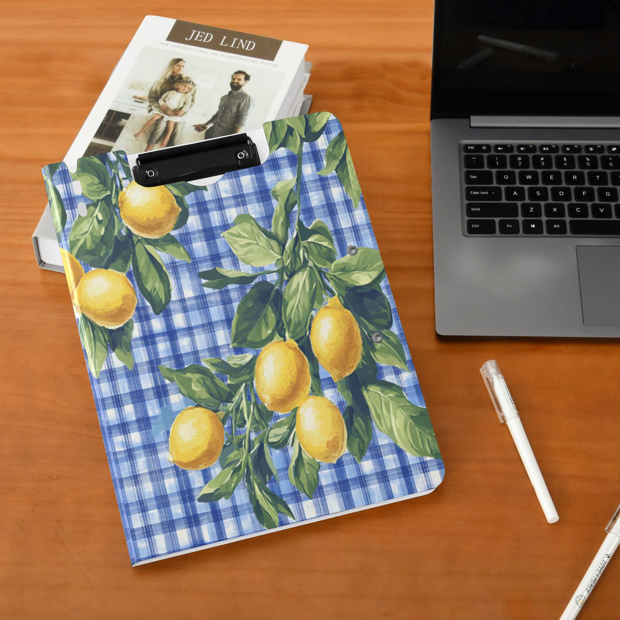 FORMRS A4 Clipboard Folder with Pen Holder Horizontal Foldable School Office Binder, Green Lemon Plaid