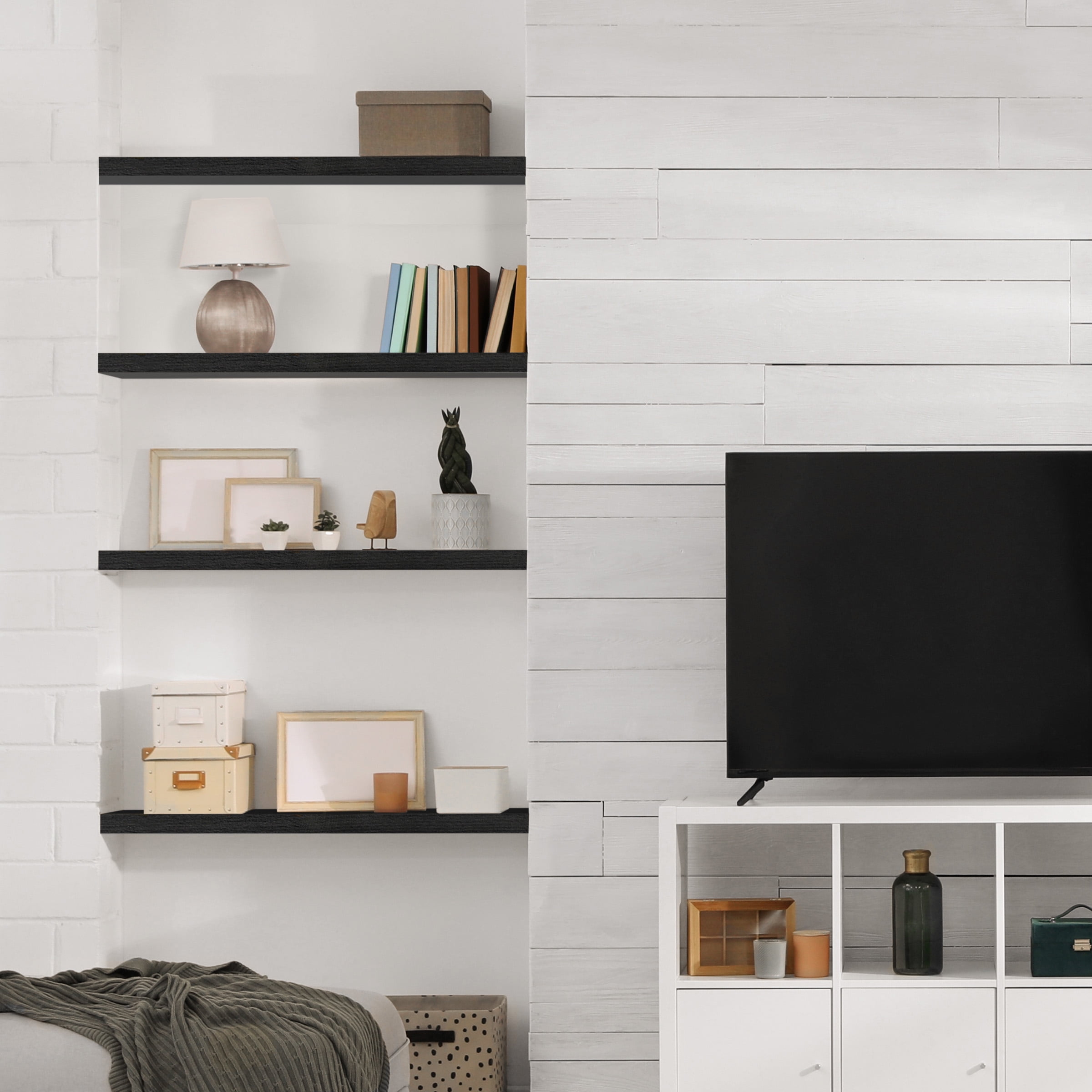 Sorbus 16" Black Floating Shelves, Set of 2 Solid Pine Wood Wall Shelves for Bathroom, Kitchen, Bedroom & Living Room Décor