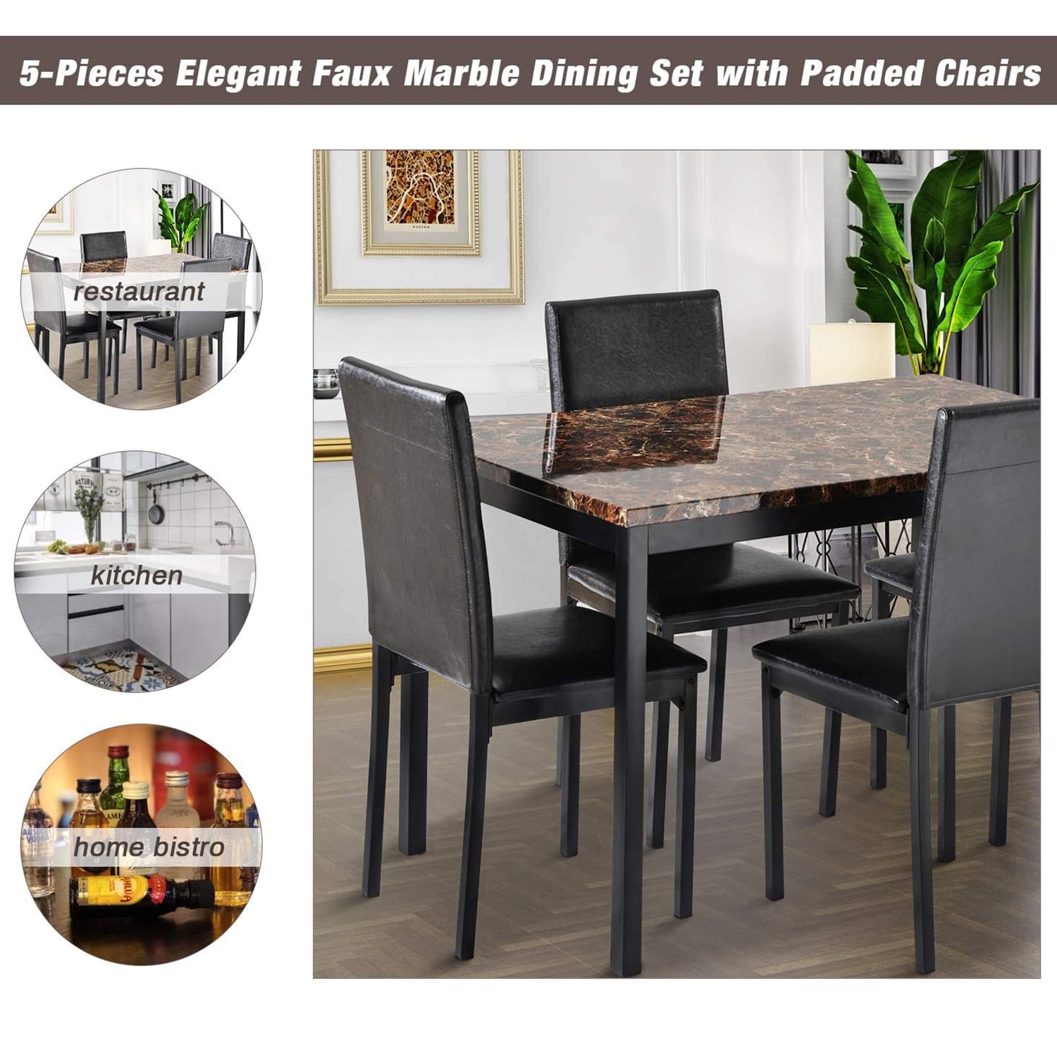 AWQM 5 Piece Dining Table Set for 4,Faux Marble Kitchen Table and Chairs for 4, Modern Dining Room Table with 4 Chairs,Dinner Table Set for Small Spaces, Brown