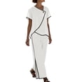thumbnail image 2 of Pounoo Cotton Sets for Women 2 Piece Asymmetric Wrap Neck Single Button Short Sleeve Tops Contrast Edge Wide Leg Pants Casual Daily Outfits Gift, 2 of 6