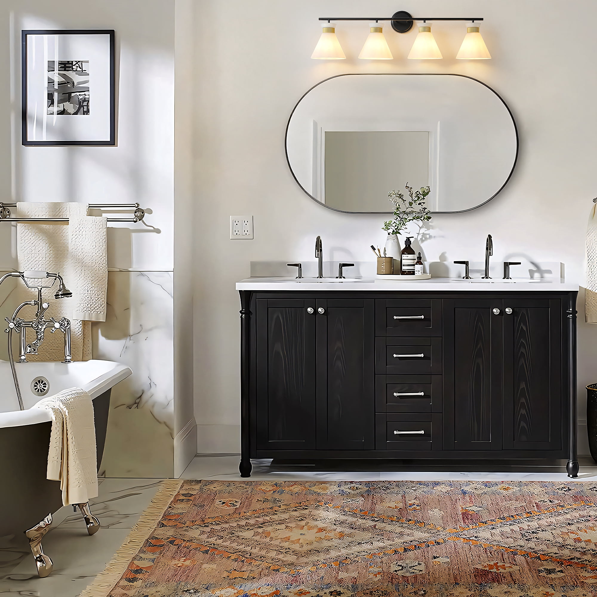 4-Lights Vanity Lights for Bathroom Black and Gold Wall Sconce Lighting with Frosted Milky Glass for Over Mirror Bedroom Hallway