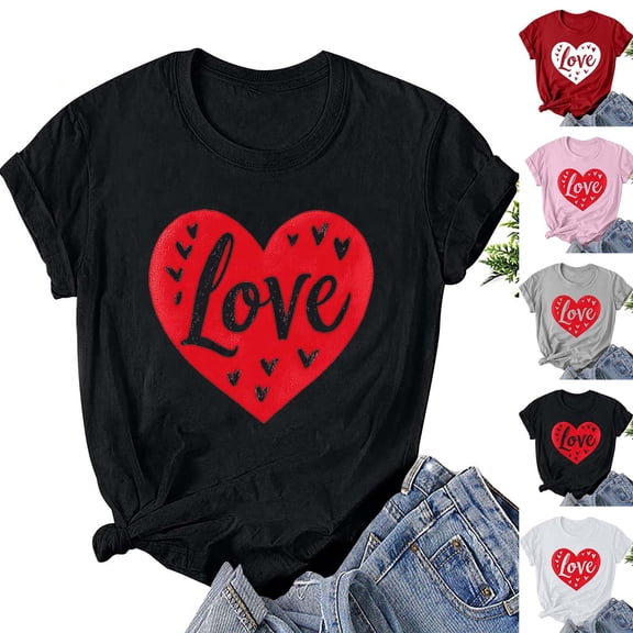 VKOYWKM Valentines Day T Shirts for Women Heart Graphic Tees Spring Short Sleeve T Shirts Romantic Valentine's Day Party Tshirts