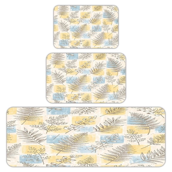RKSupls Kitchen Rug Set 3 Piece Anti-Slip Flannel Floor Mats, Botanical Sketch Squares Washable Absorbent Runner Mats for Kitchen Bathroom Home Decor