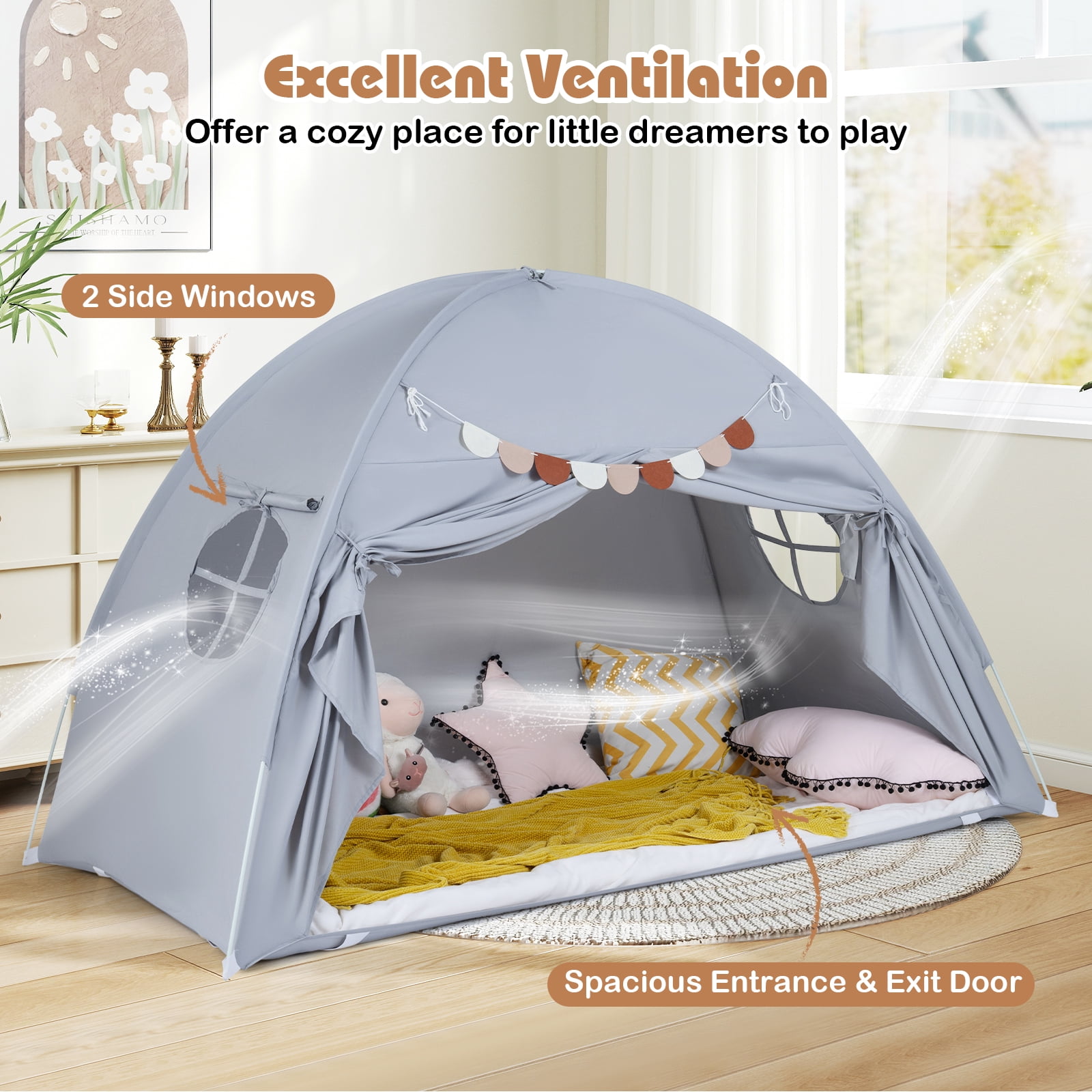 Gymax Twin Full Size Bed Tent w/2 Windows Flags for Boys & Girls Aged 3+ Years Old Grey