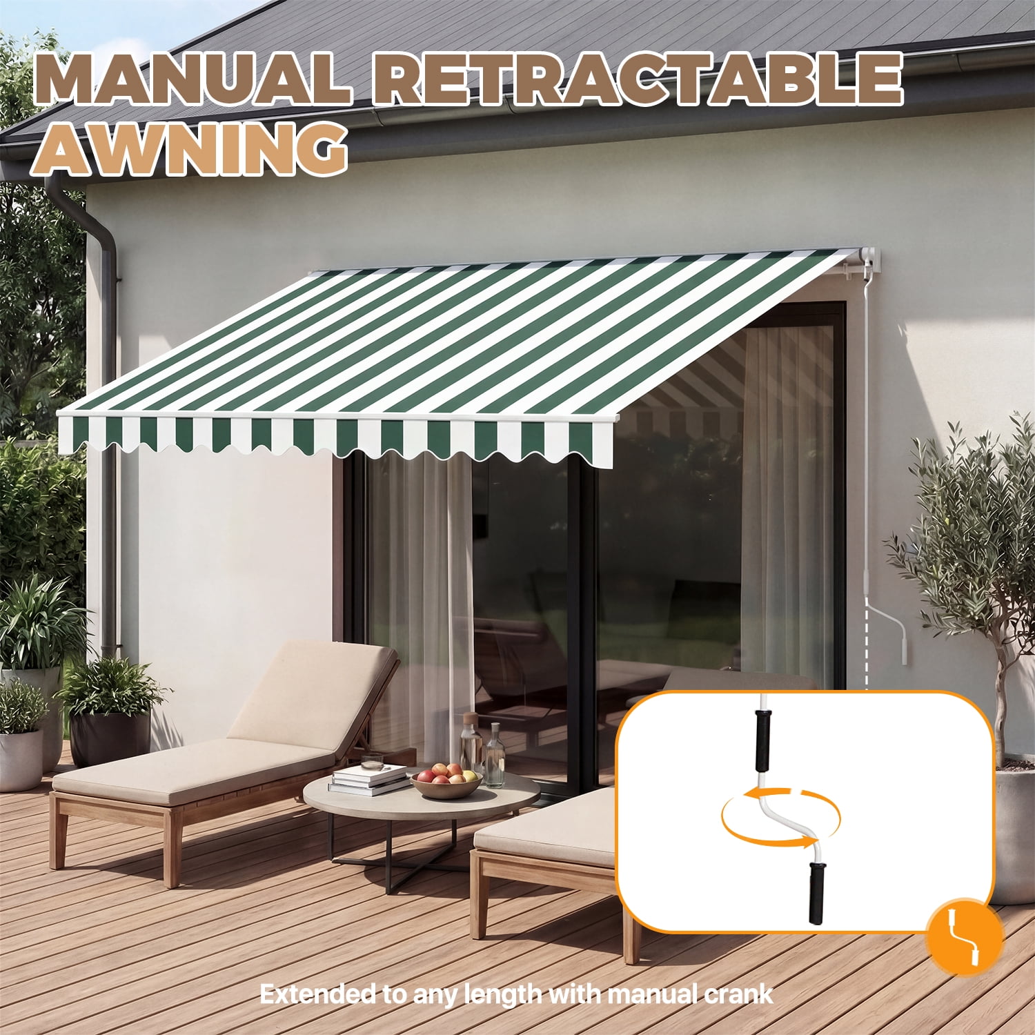 BaPiPro 12'x10' Manual Retractable Awning for Patio, Outdoor Sun Shade Waterproof Fabric Canopy with Crank Handle, UV Protection for Deck Balcony,Green