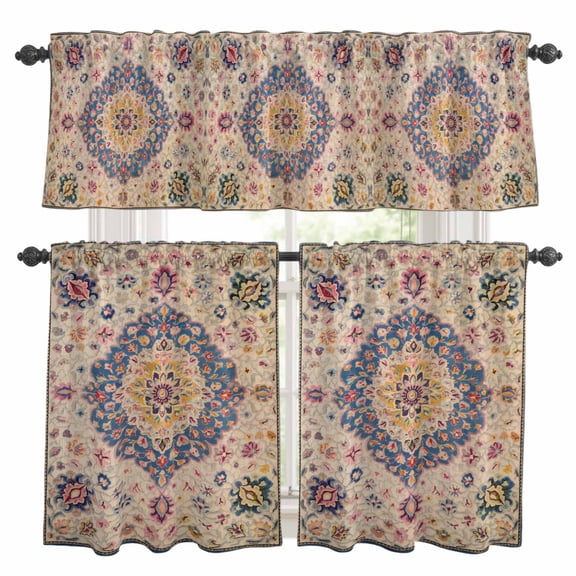Boho Southwest Kitchen Curtains Sets for Windows 36 Inch Length, Vintage Country Ethnic Nation Motifs Rod Pocket Window Treatments Tier Curtains and Valances Set for Bedroom/Bathroom