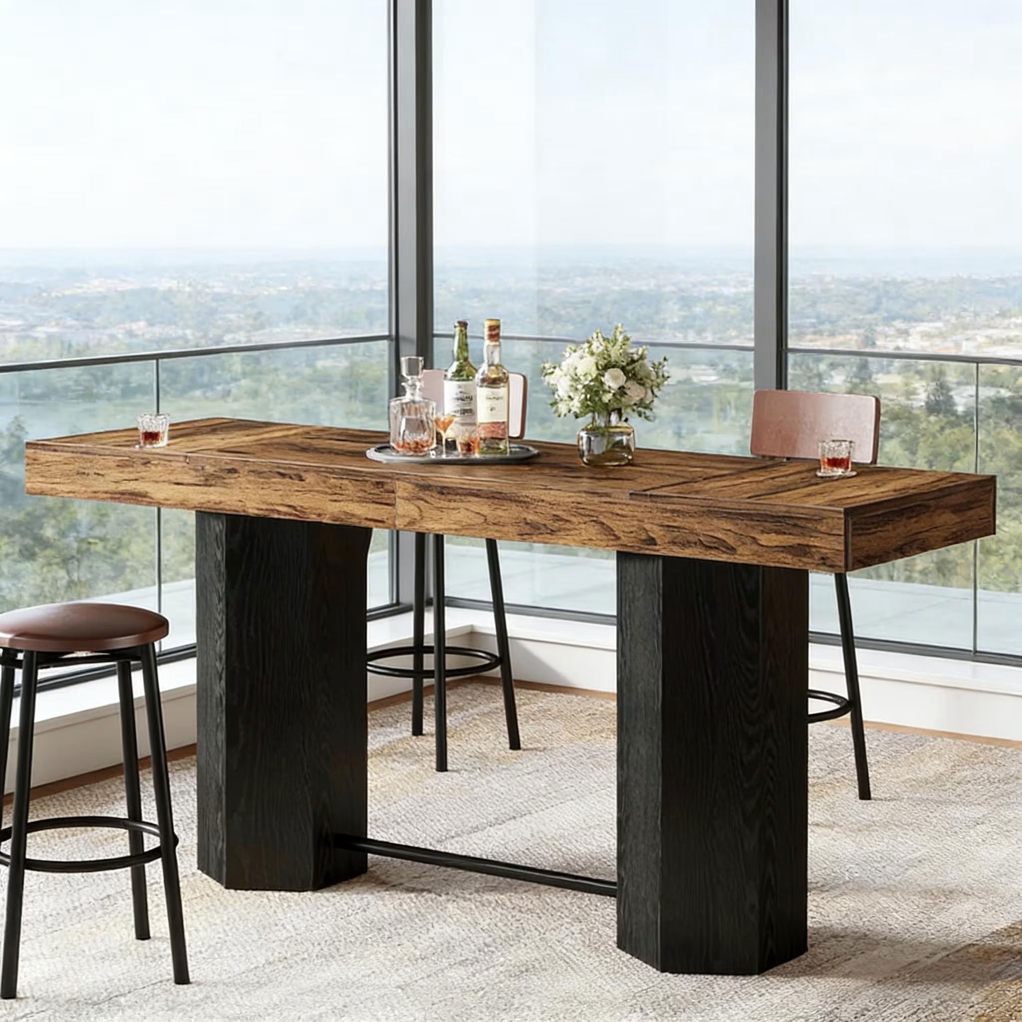 MAYEERTY 71" Industrial Bar Table, Counter Height Bistro Pub Table with Footrest, Home Bar Unit for Kitchen, Dining Room, and Living Room