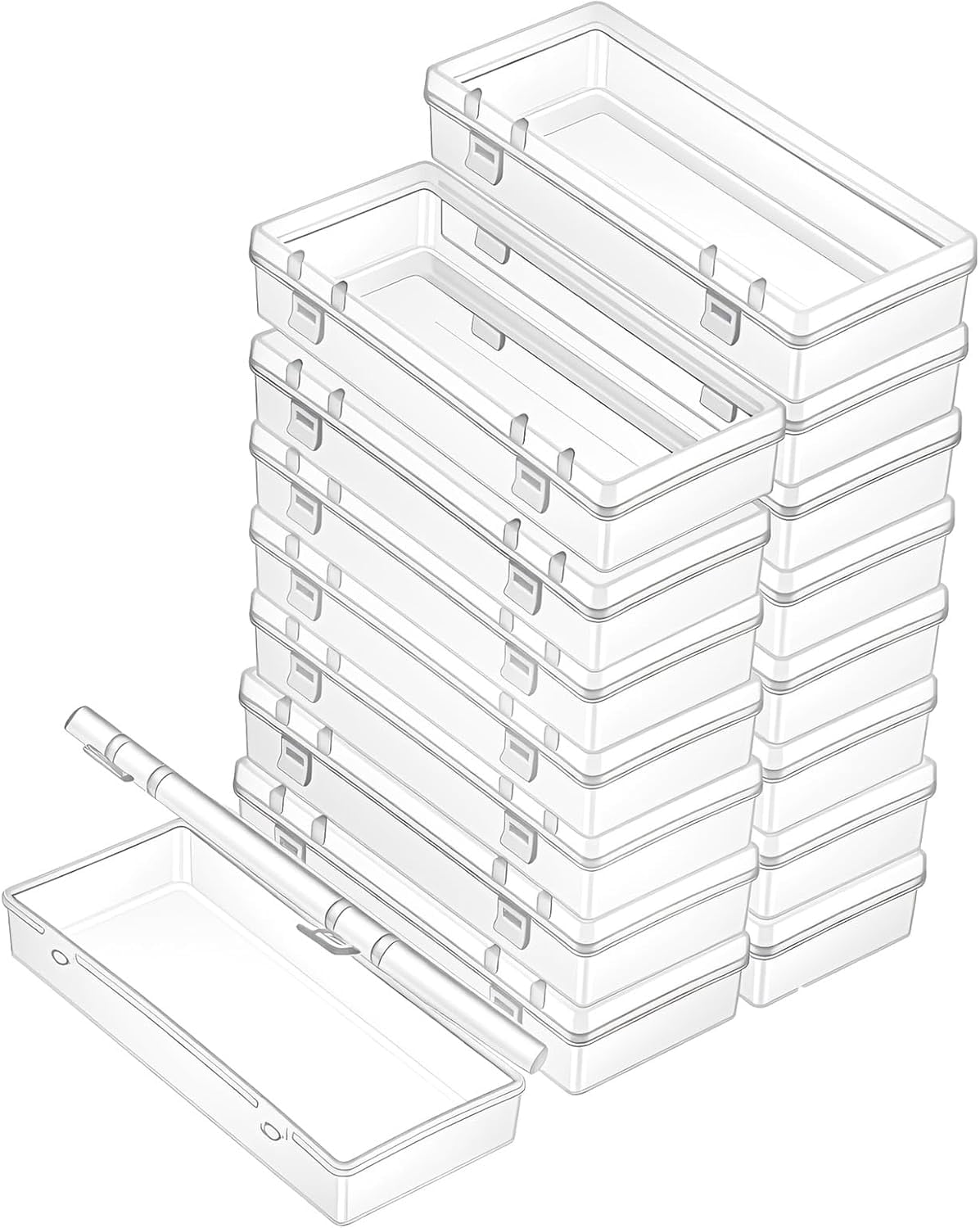 16 Pcs 6'' Plastic Storage Boxes, Small Storage Containers with Hinged Lids, Rectangle Clear Boxes for Beads, Jewelry, Game Pieces, Pens and Crafts Items(6.2'' x 1.2'' x 2.5'')