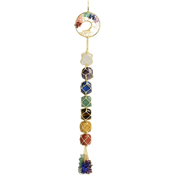 Handmade Crystal Window Car Hanging Ornaments 7 Chakra Home Decoration Feng Shui Ornament Yoga Meditation Car Decoration Tumbled Palm Stones (Tree of Life)