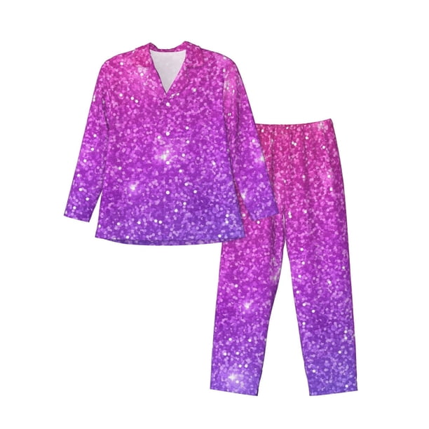 Balery Pink Purple Glitter Pijama para Hombre de Dos Piezas con Manga Larga, Conjunto de Dormir y Descanso Suave con Bolsillos-X-Large
