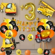 3rd Birthday Decorations Construction, Construction Balloons with Gold Number 3 Balloons, Large Digger Dump Truck Crane Foil Balloons Set for Boy 3 Years Old Party Supplies