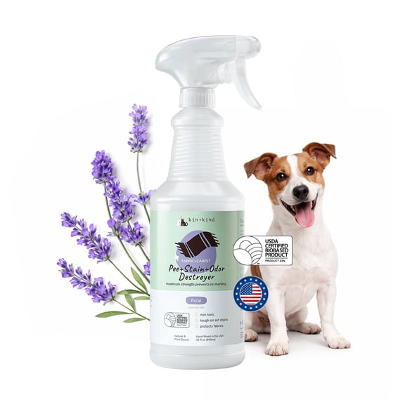 kin kind Pet Urine Cleaner for Dogs & Cats, Carpet & Fabric Cleaner, Stain & Odor Remover, Pet Urine Remover, Stops Re-Marking, Floral, 32 fl oz