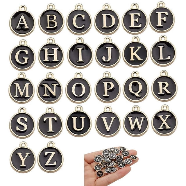 26 piezas de lindas cuentas de letras mixtas, dijes de letras de metal, dijes iniciales esmaltados, dijes del alfabeto de doble cara al por mayor, color negro