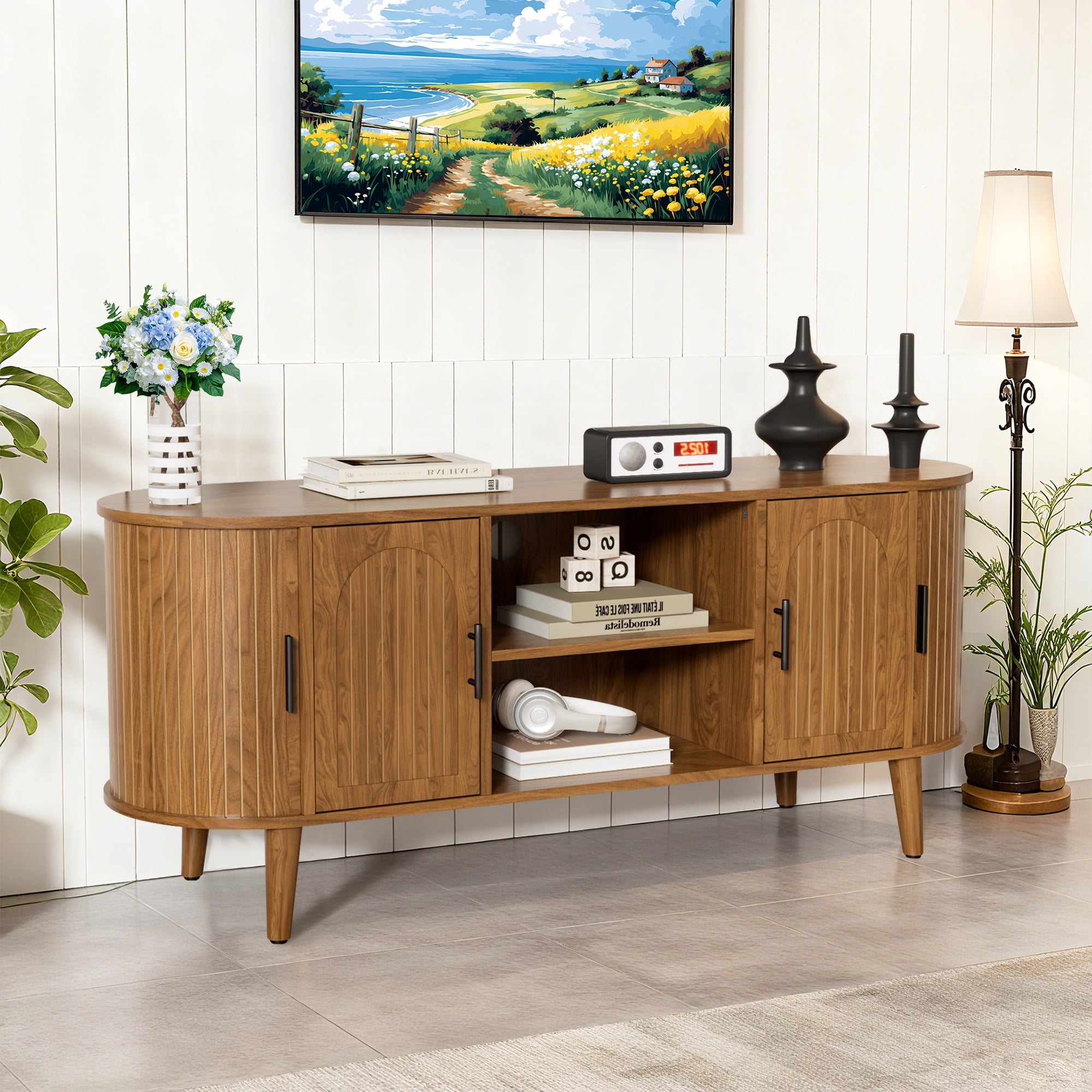 TV Stand for for TVs up to 60 Inch, 51" TV Console with Fluted Doors, Modern Mid Century Entertainment Center for Living Room Bedroom, Walnut