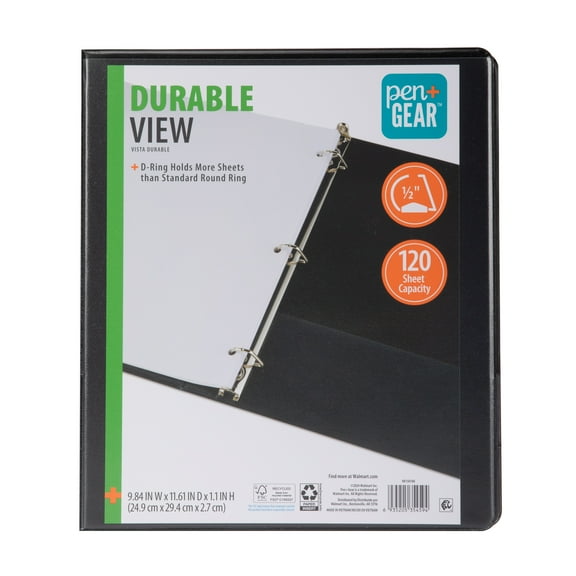Pen Gear Durable View Binder, 1/2‑Inch D‑Ring, Black, 1‑Pack, 120‑Sheet Capacity