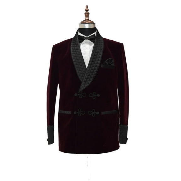 Mens Burgundy Velvet Smoking Jacket - Frogging Style Evening & Wedding Wear