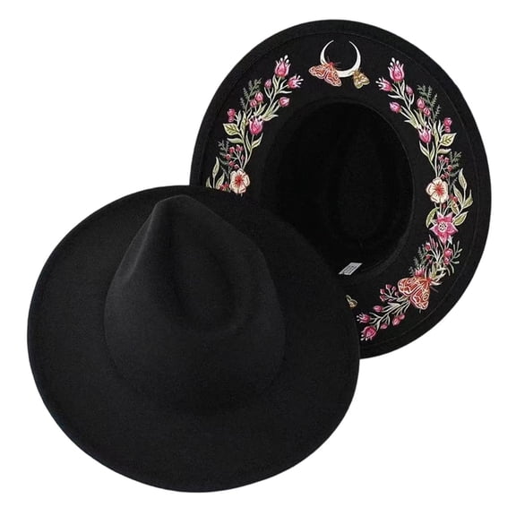Women's Gothic Wide Brim Sun Hat Faux Embroidery Moon Hat Dark Aesthetic Fashion Hat For Outdoor Holiday Cosplay