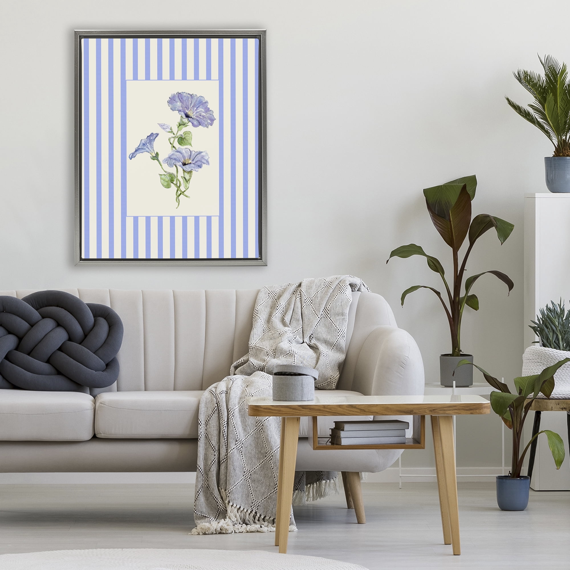 Blue Stripe Morning Glory Gray Framed Floater Canvas Wall Art, design by Lisa Wehmeyer
