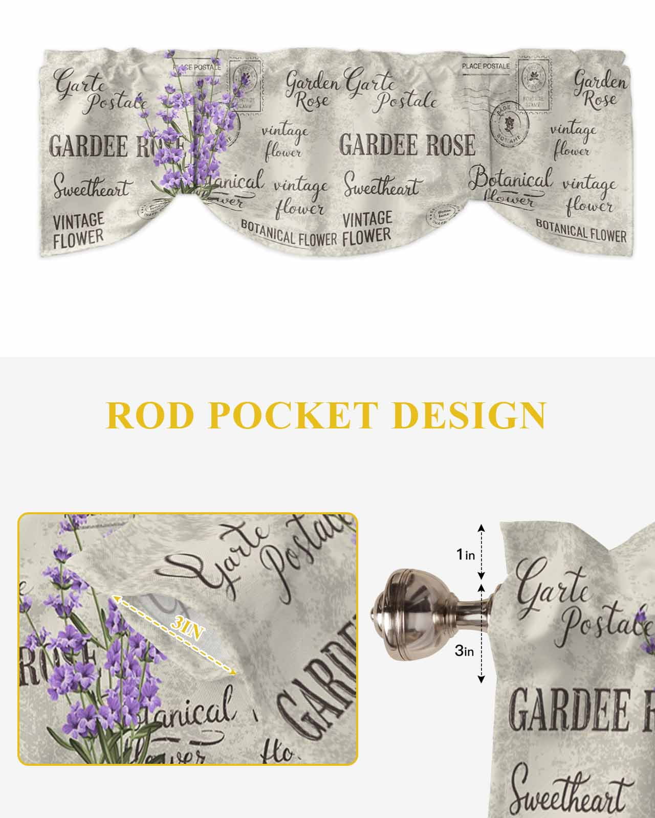 Purple Lavender Tie Up Valances Curtain, Vintage Letter Texture Flowers Floral Kitchen Valances for Windows Decor, Rod Pocket Short Curtains Set for Bedroom/Bathroom, 54"x18"