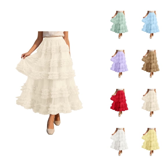 Long Tulle Skirts for Women Elastic High Waist Layered Ruffle A Line Flowy Maxi Skirt Renaissance Fairy Skirt