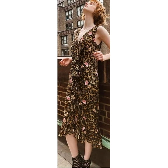 Nicole Miller Artelier MULTICOLOR Floral Leopard V Neck Ruffle Dress, US 0