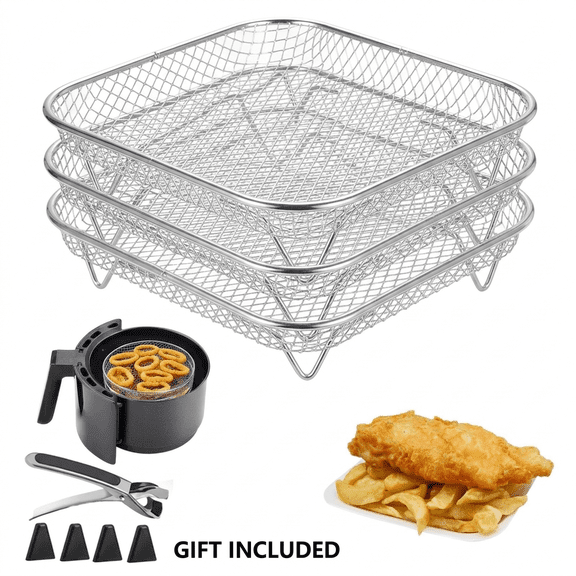 ROSEXIXI 3-Tier Stackable Air Fryer Rack, Food-Grade Stainless Steel (Non-Toxic), 8.3 Inch Square Grill Basket, Cooling Rack for Air Fryer, Baking, Dehydrating Fruits, Meat & Vegetables, with Gripper