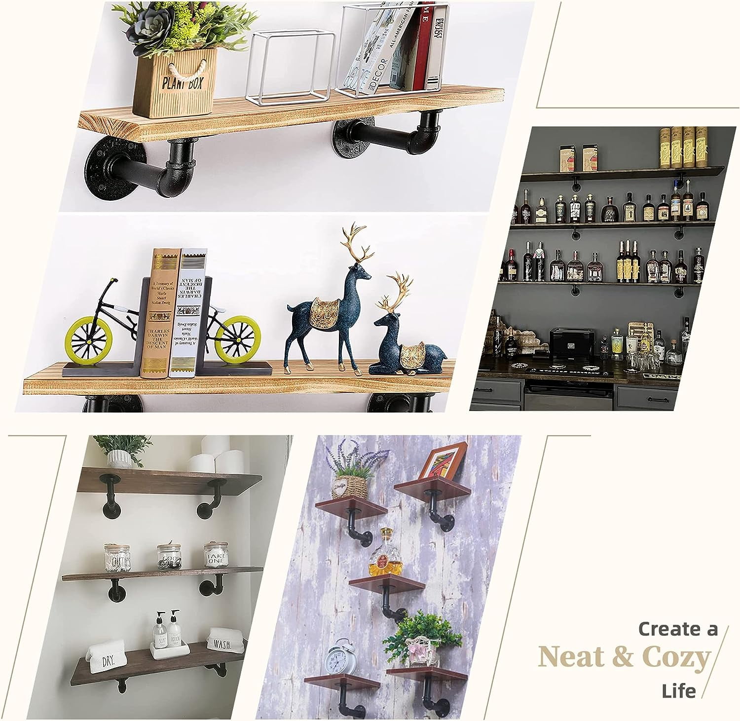 6 Pack Industrial DIY Pipe Shelf Brackets,Vintage Black Iron Wall Mount Pipe Shelving Bracket, Rustic Home Pipe Shelf