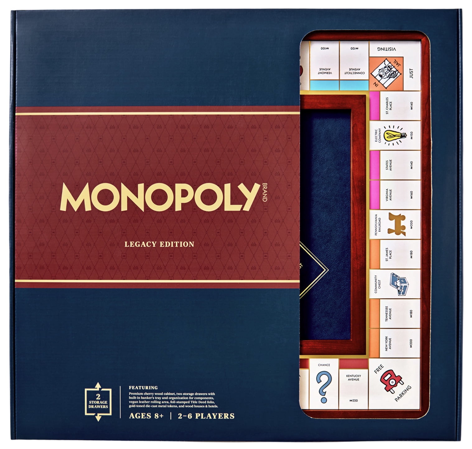Monopoly Legacy Edition by WS Game Company — Deluxe Cherry Wood Cabinet with Vegan Leather Rolling Area — Premium Collector’s Board Game featuring Two Storage Drawers, Gold-Toned Tokens, Wood Houses