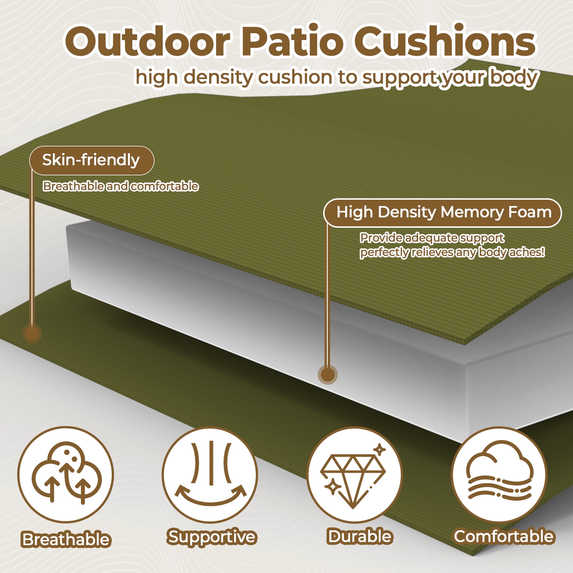 Unikome 4-Pack Outdoor Patio Seat Cushions, Waterproof High-Density Foam, Rounded Square, 17 x 16 inch, Green