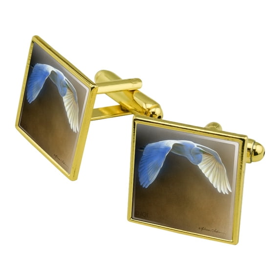 White Egret in Flight Square Cufflink Set - Silver or Gold