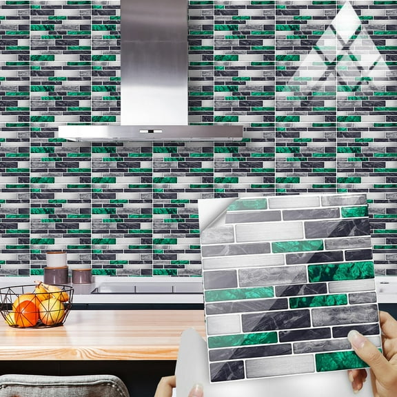 12 Piece Waterproof Peel and Stick Backsplash Tile Stickers, 8 x 8 inches Green and Gray Marble Design, Vinyl Wall Decals for Kitchen Bathroom