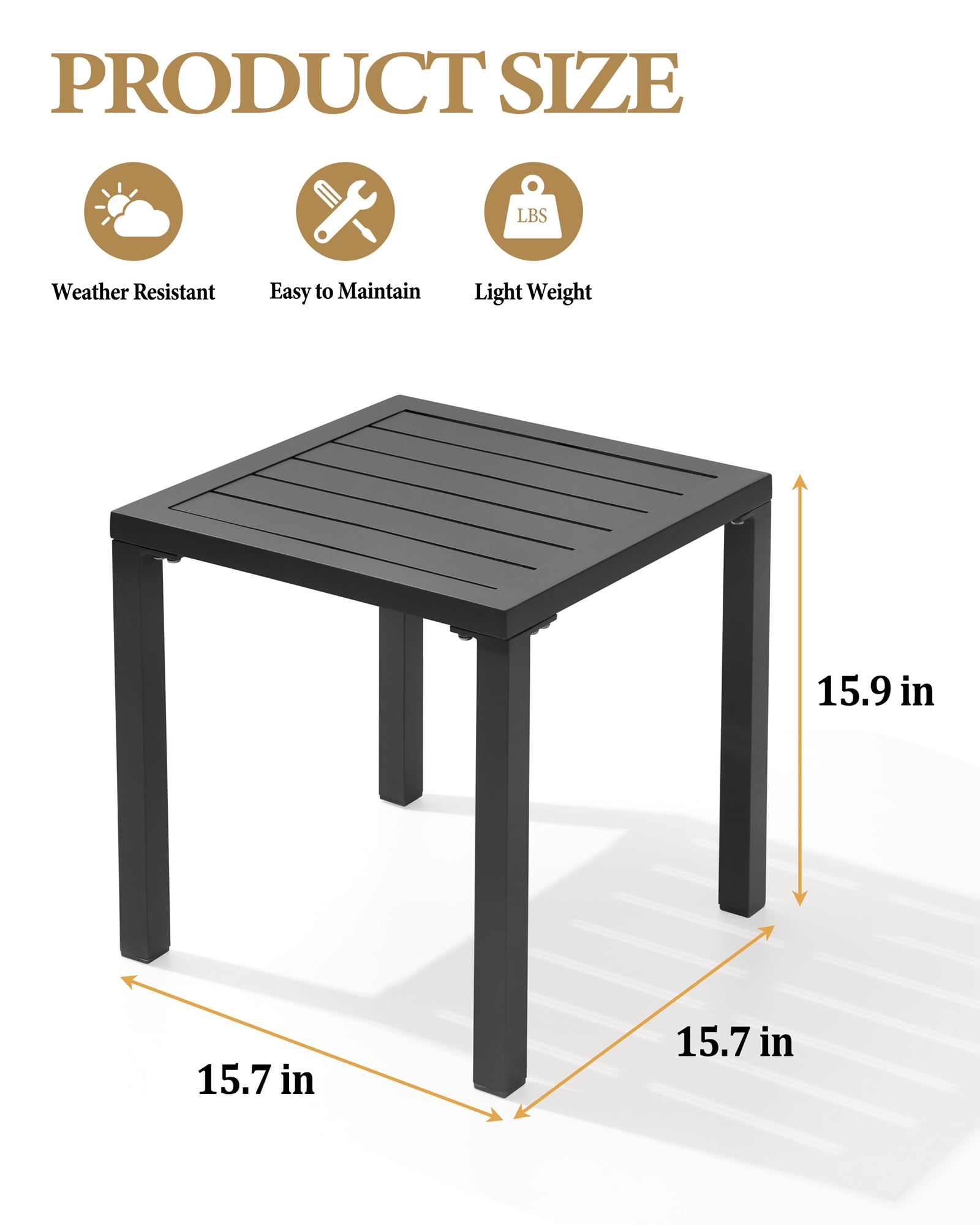 Crestlive Products 15.7" x 15.7" Outdoor Side Table, All-Weather Aluminum Square Patio End Table, Black