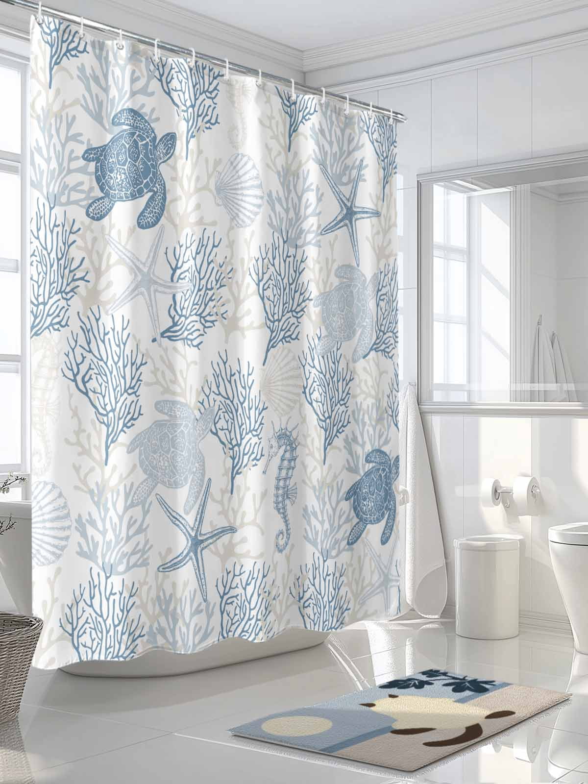 Boanket Polyester Fabric Blue Grey Coastal Shower Curtain, Sea Turtle Nautical Coral Summer Beach Waterproof Bathtub Curtain Bathroom Decor Set with Hooks 36 x 78 Inches,
