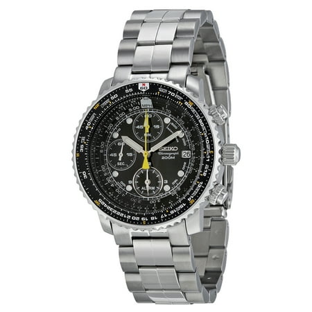 Seiko Flight Chronograph Steel Black Dial Mens Watch SNA411