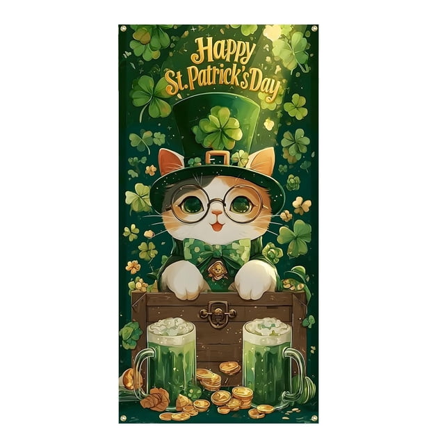 Cat With Green Hat St. Patrick's Day Decorations Door Cover,35.4 X 70.8 Inch Happy St Patricks Day Door Banner Hanging Photography Background For Festive Home Decor