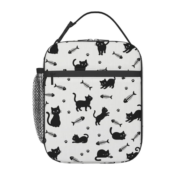 Cat Lunch Box Insulated Lunch Bag Reusable Lunchbox With Side Pocket,Black And White Striped Lunch Box,Waterproof Lunch Tote Bag For Women Men Work Office Picnic