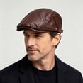 thumbnail image 2 of BELTNOV Men's Leather Flat Cap Vintage Ivy Newsboy Driving Hat Adjustable Faux Leather Golf Cabbie Hat for Fall Brown, 2 of 5
