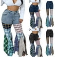 thumbnail image 2 of QATAINLAV Flare Pants Jeans for Women Stretchy High Waisted Plaid Patchwork Bell Bottoms Casual Straight Leg Denim Trousers Streetwear with Pockets Today Sales Light Blue L, 2 of 9