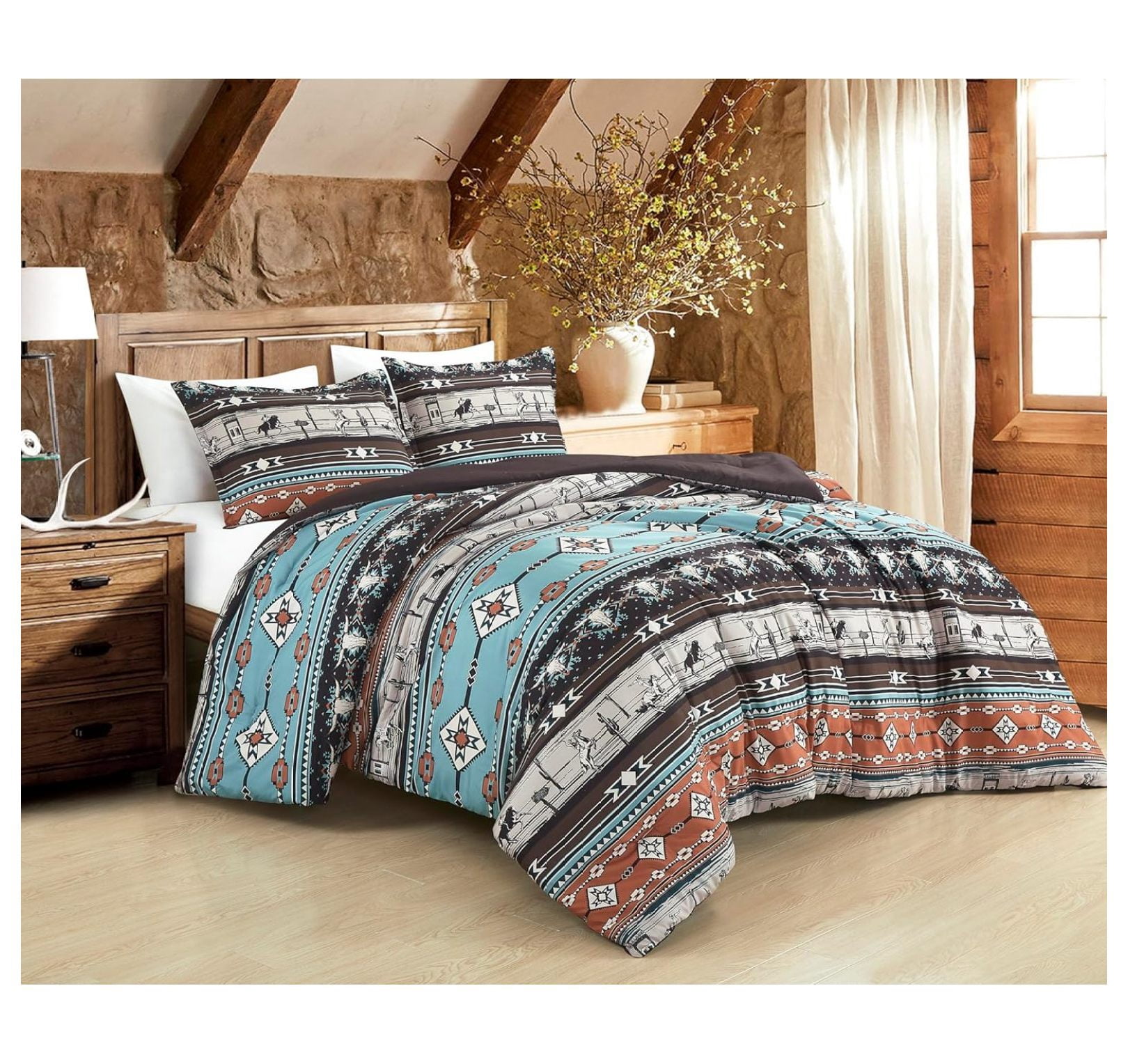 KeLiang Sawyer 3-Piece Southwestern Rodeo Comforter Set - Multicolor Blue Brown Beige Clay Printed Washed Microfiber Bedding, Queen